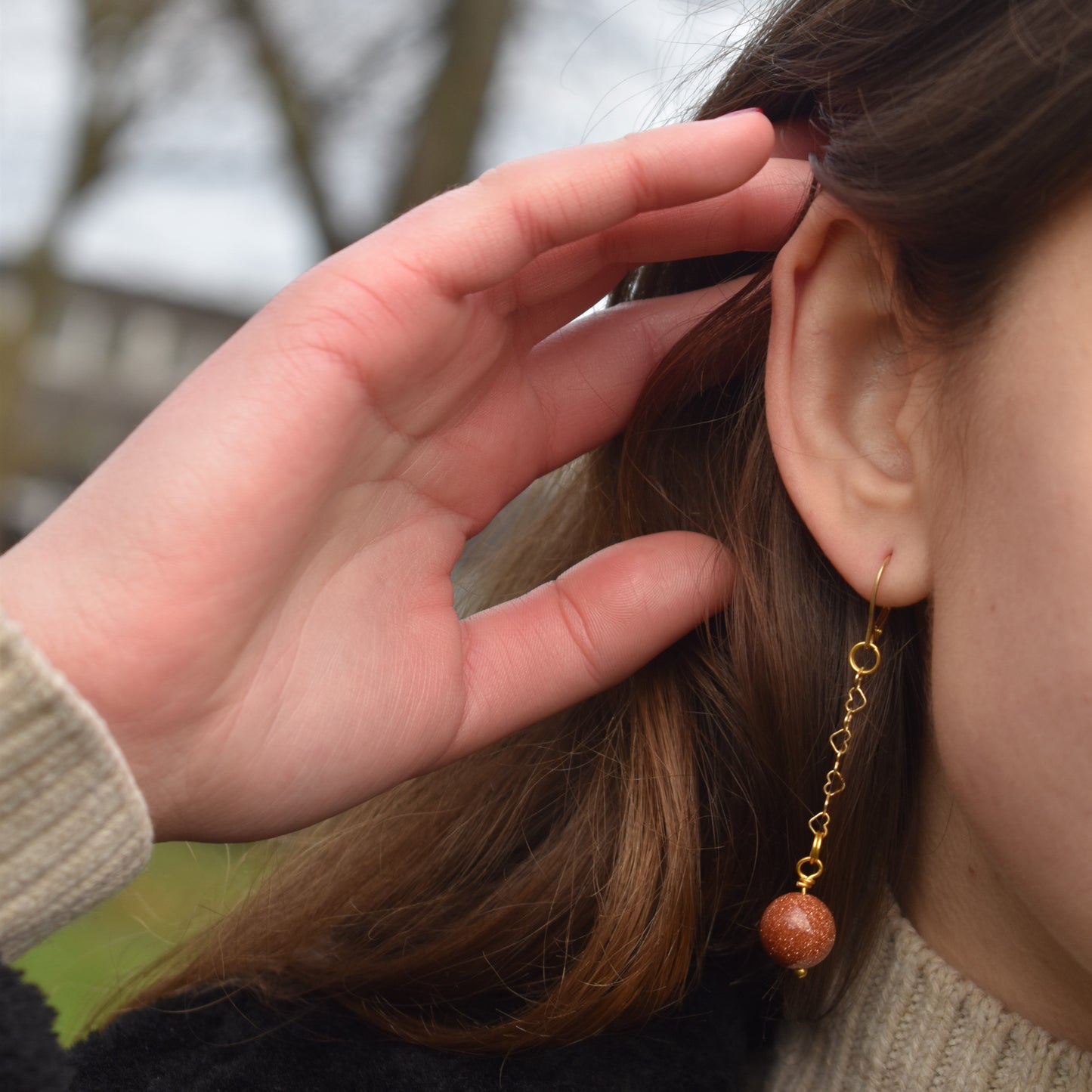 Brown Goldstone and Yellow Gold Vermeil Earrings, Heart Chain Earrings, Bloom Collection  | by nlanlaVictory-1